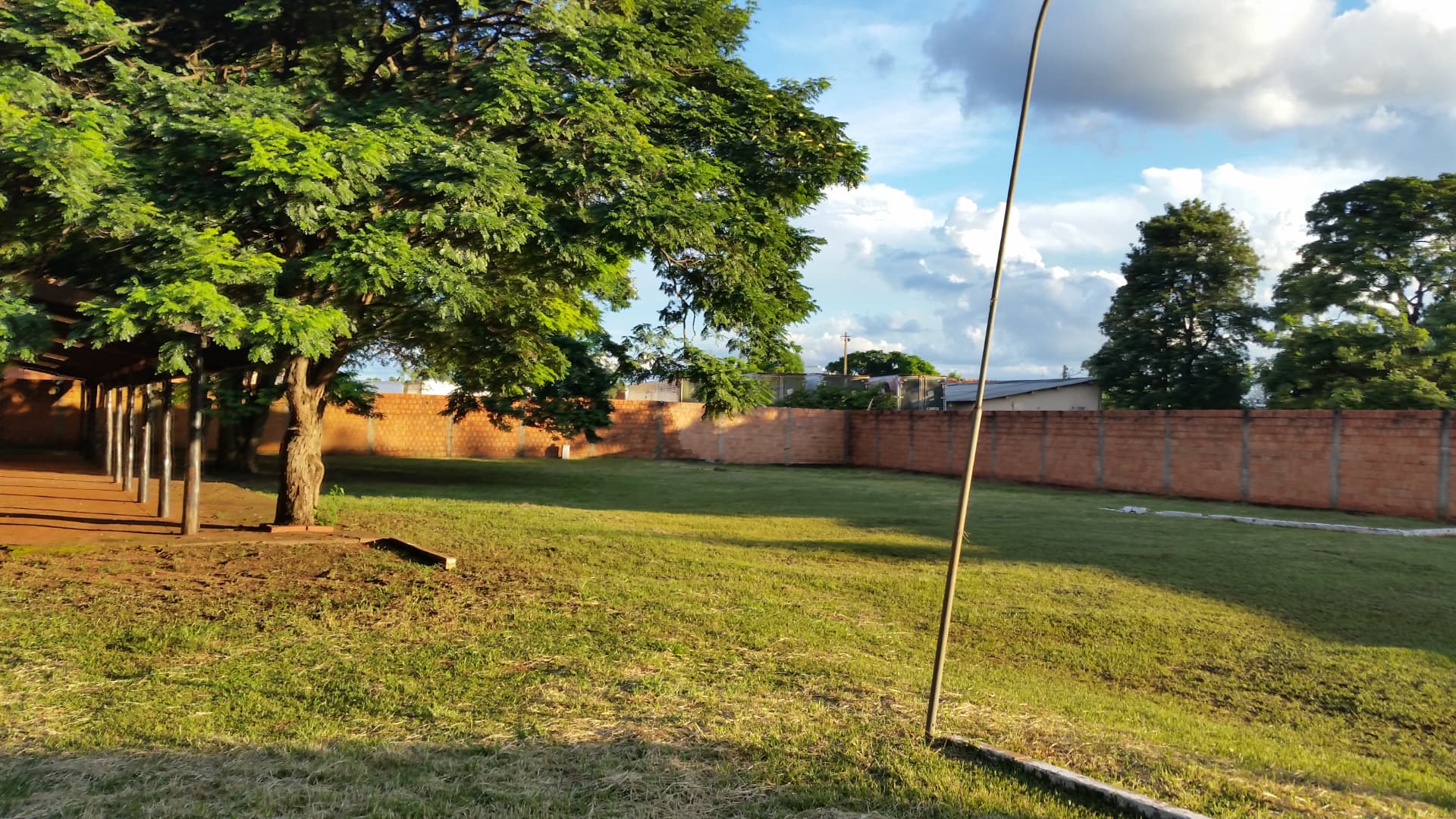 Área lateral gramada com muro de tijolos