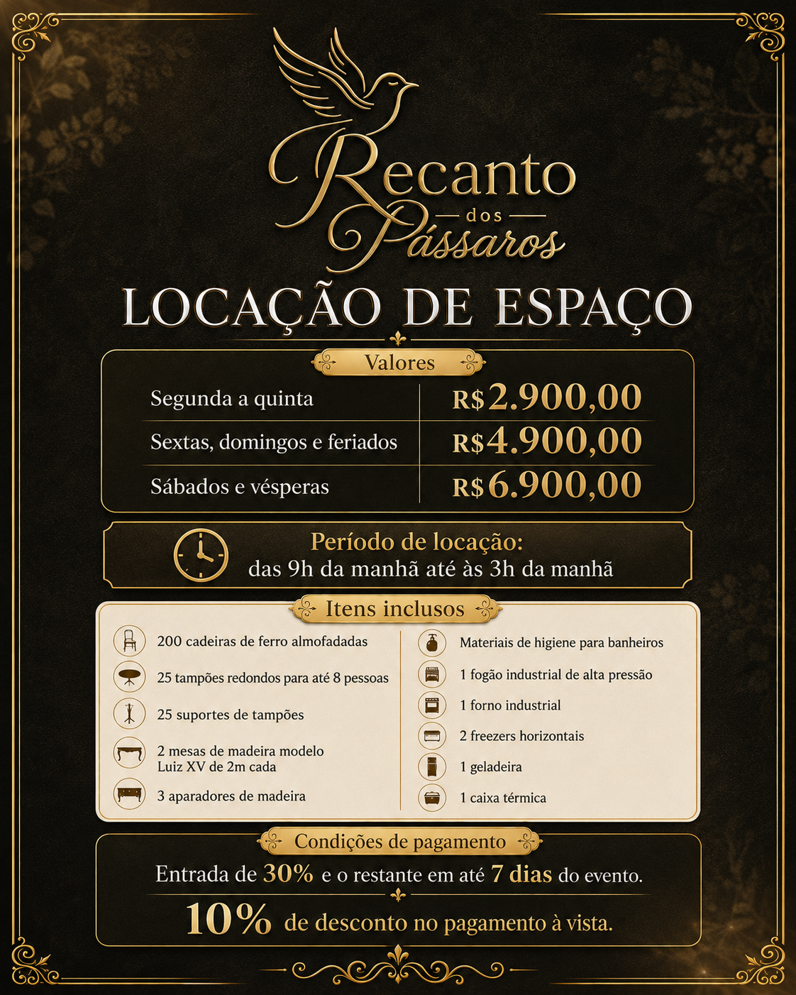 Tabela de locação de espaço com valores e itens inclusos